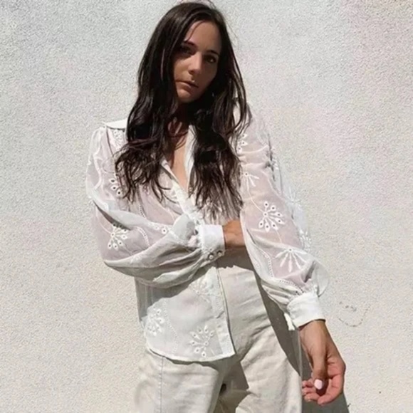 SOLD OUT White Boho Floral Eyelet Button Up Blouse - Picture 9 of 15